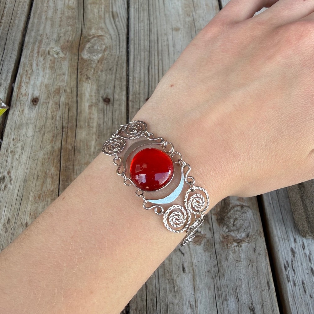 Whimsigoth Ruby Red Cabochon Statement Bracelet - Silver Filigree Swirl Boho